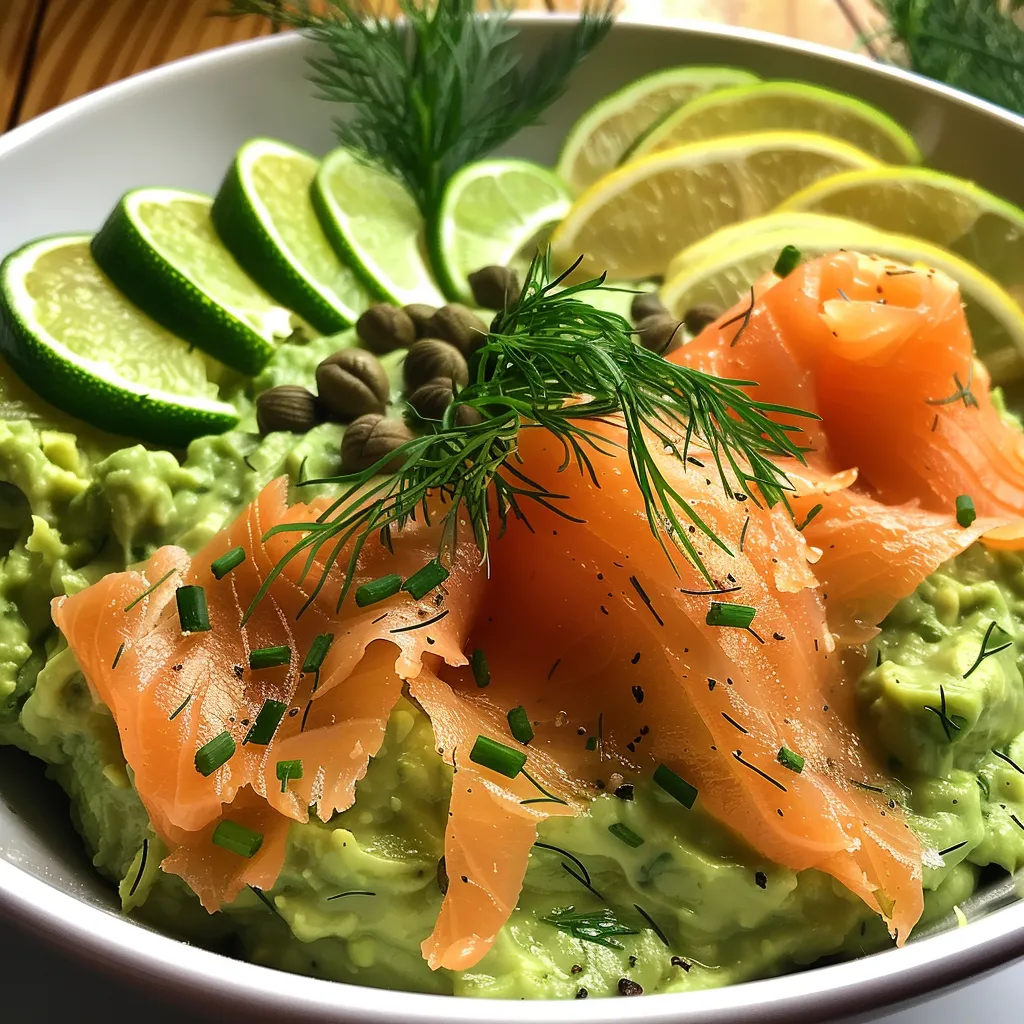 Delicious avocado mousse layered with thin smoked salmon, decorated with fresh dill on a white plate.