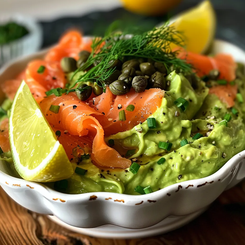 Appetizing dish featuring avocado mousse and Christmas smoked salmon, highlighted by capers and lemon wedges.