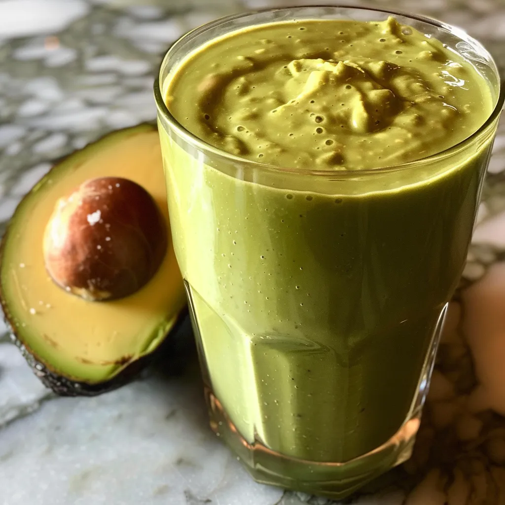 Smooth avocado smoothie in a clear glass, showcasing its creamy texture and vibrant color.
