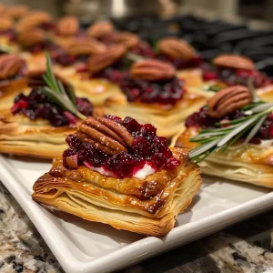 Individual baked cranberry brie bites showing flaky pastry and vibrant cranberry filling.