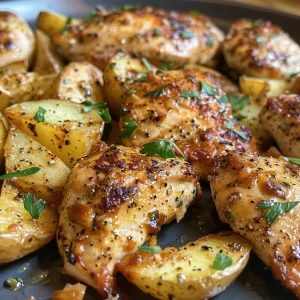Appetizing plate of Baked Garlic Parmesan Chicken with crispy edges and vibrant red potatoes.