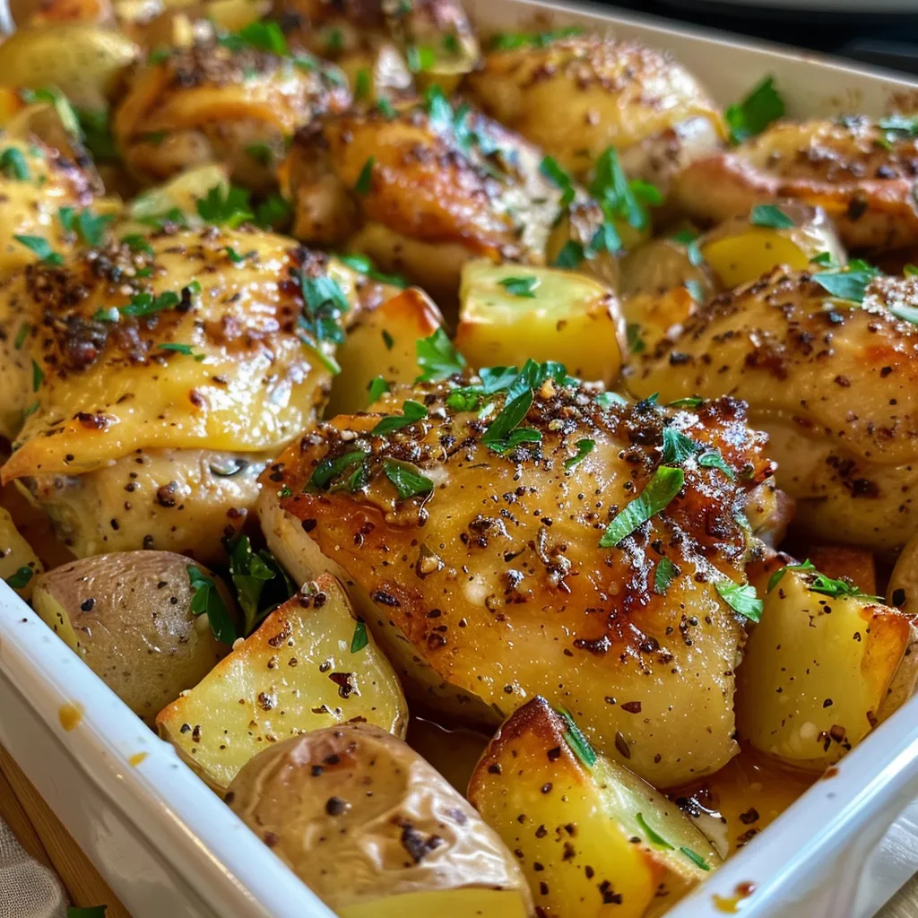 Delicious serving of chicken and potatoes, highlighted by a sprinkle of parmesan and herbs.