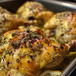 Appetizing baked chicken thighs with lemon zest, garlic, and herbs.