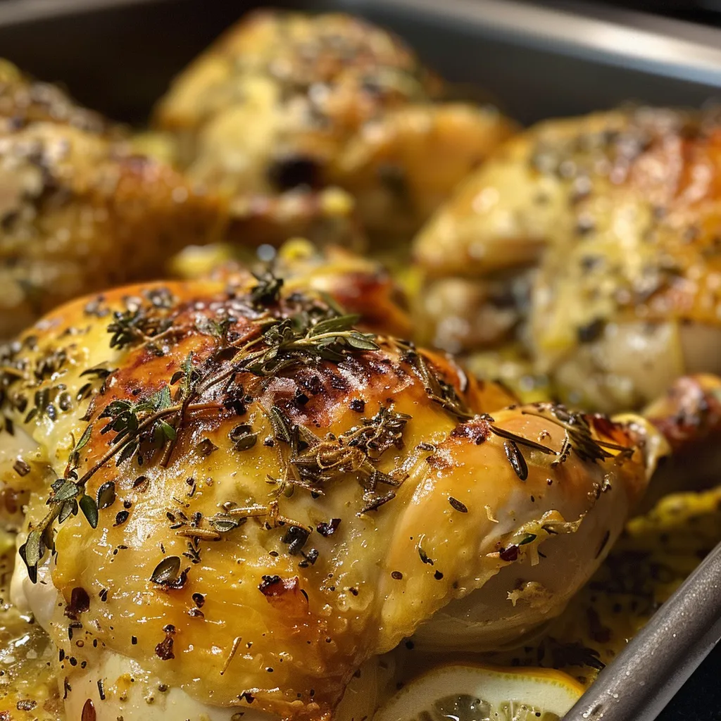 Appetizing baked chicken thighs with lemon zest, garlic, and herbs.