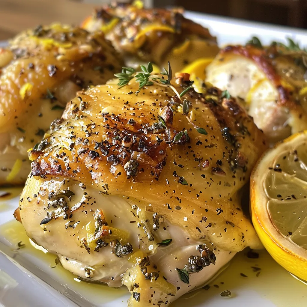 Succulent chicken thighs marinated in lemon juice and herbs, displayed appetizingly.