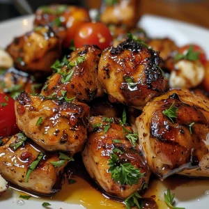 Plate of flavorful Balsamic Chicken Bites garnished with fresh herbs.