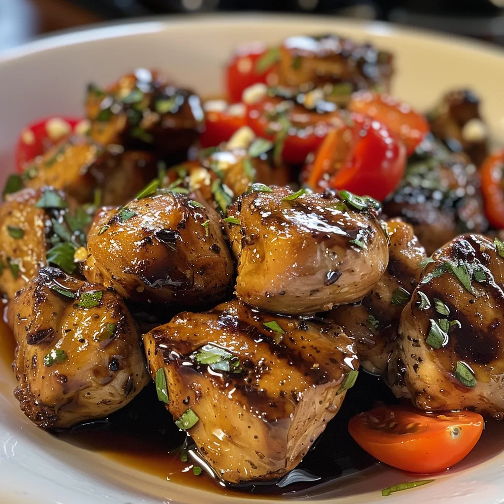 Succulent chicken pieces alongside vibrant cherry tomatoes and cheese.