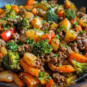 Side angle of a delicious Beef and Veggie Skillet featuring diced vegetables and ground meat.