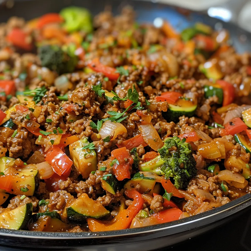 A flavorful Beef and Veggie Skillet showcasing beef, zucchini, and broccoli in a cast iron pan.