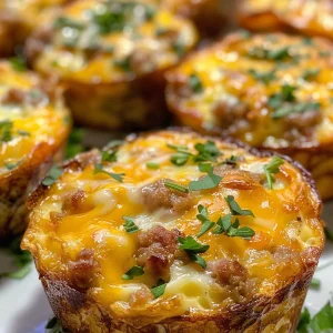 Juicy breakfast egg muffins with visible chunks of sausage and a cheesy top.