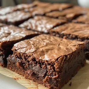 Side profile of a stack of decadent brownies, emphasizing their layers and glossy finish.