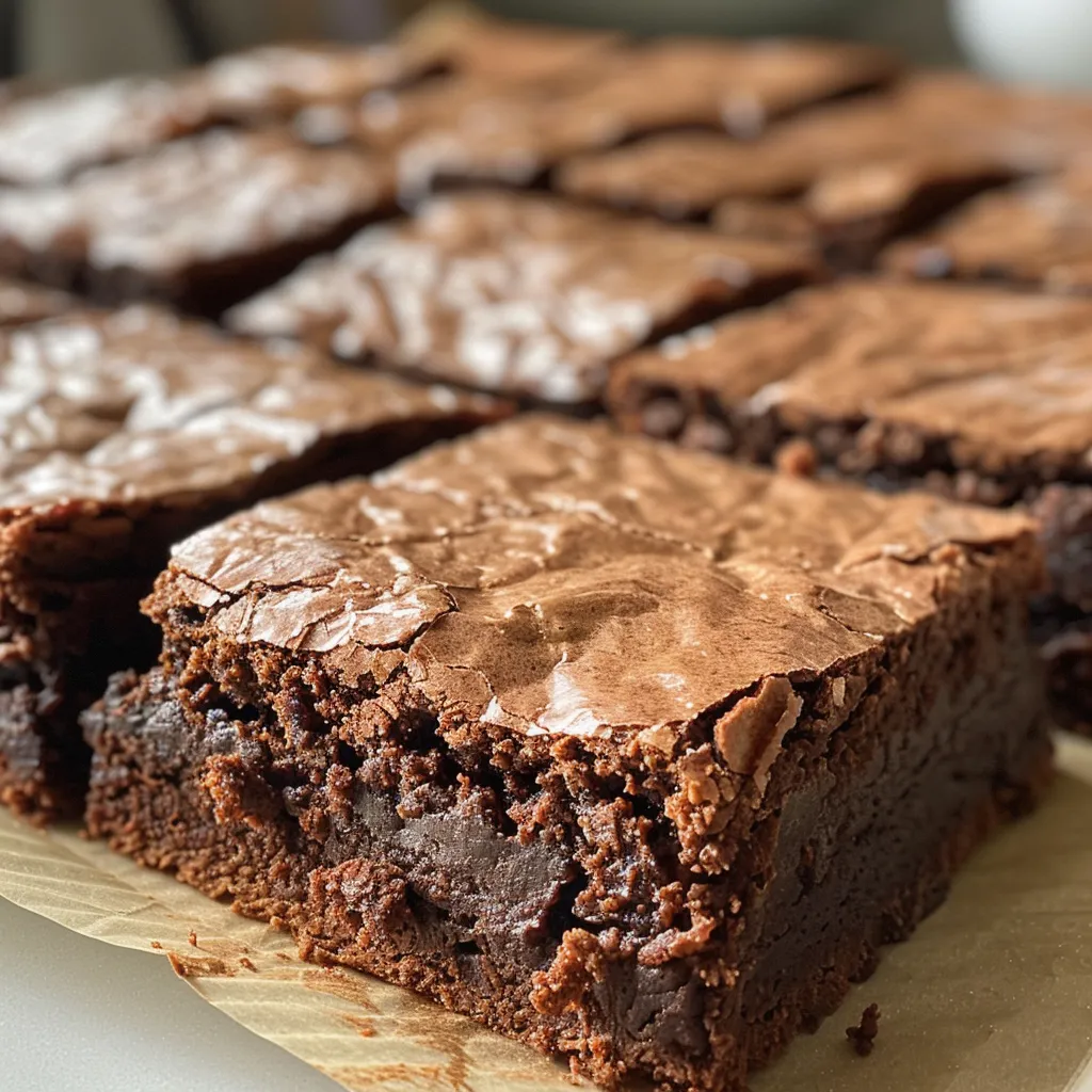 Side profile of a stack of decadent brownies, emphasizing their layers and glossy finish.
