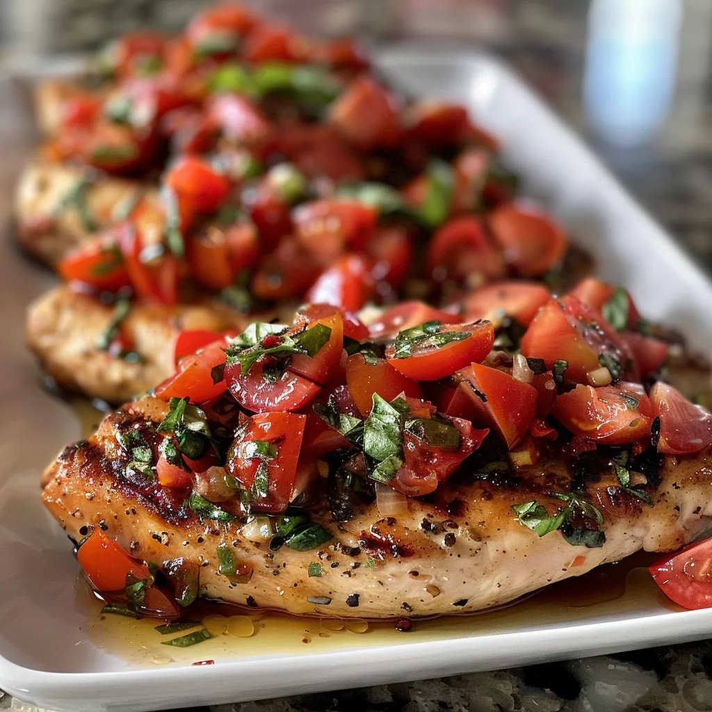 Delicious bruschetta chicken with vibrant toppings of tomatoes and cheese on a plate.