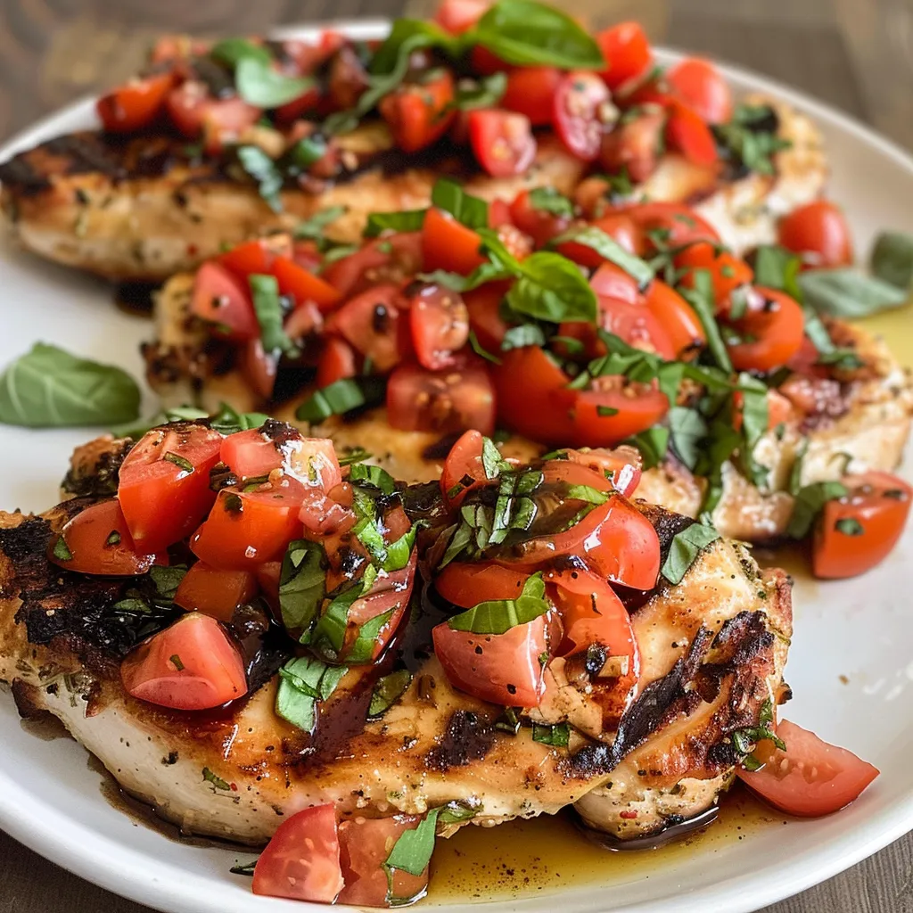 Appetizing close-up of chicken breast with bruschetta topping, showcasing fresh ingredients.