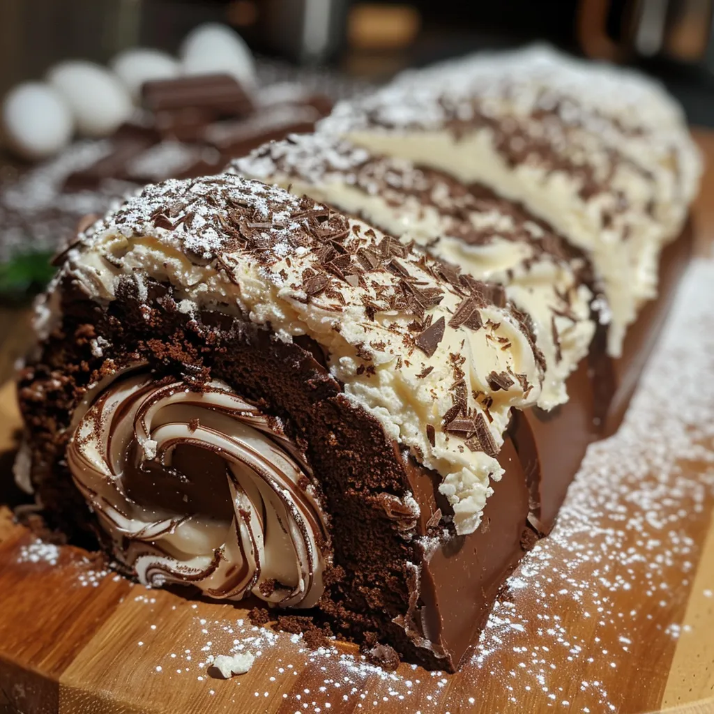 Detailed shot of a Buche de Noel showcasing its creamy filling and chocolate exterior.