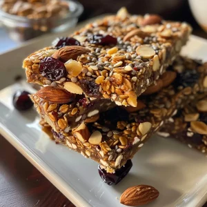 Delicious homemade Cherry Almond Granola Bars displayed on a wooden surface.
