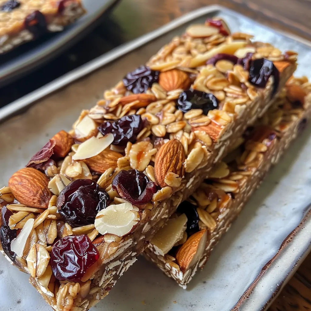 Tasty granola bars featuring slivered almonds and tart cherries, ready to eat.