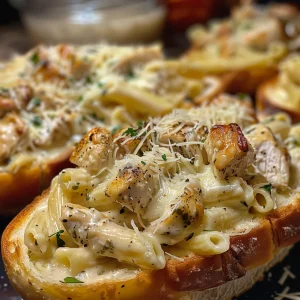 Juicy Chicken Alfredo in a golden-brown bread bowl, garnished with parmesan.