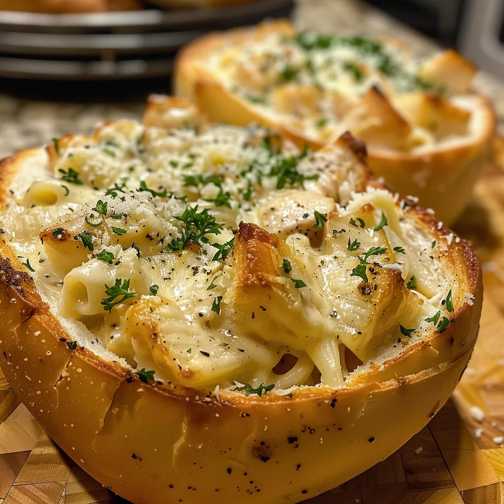Detailed view of Chicken Alfredo Garlic Bread Bowl filled with pasta and chicken.
