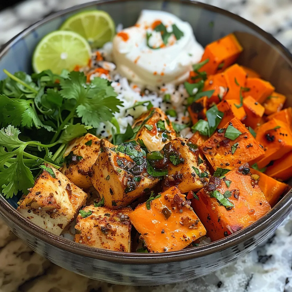 Juicy chicken pieces and sweet potato cubes in a bowl, garnished with herbs and served over rice.