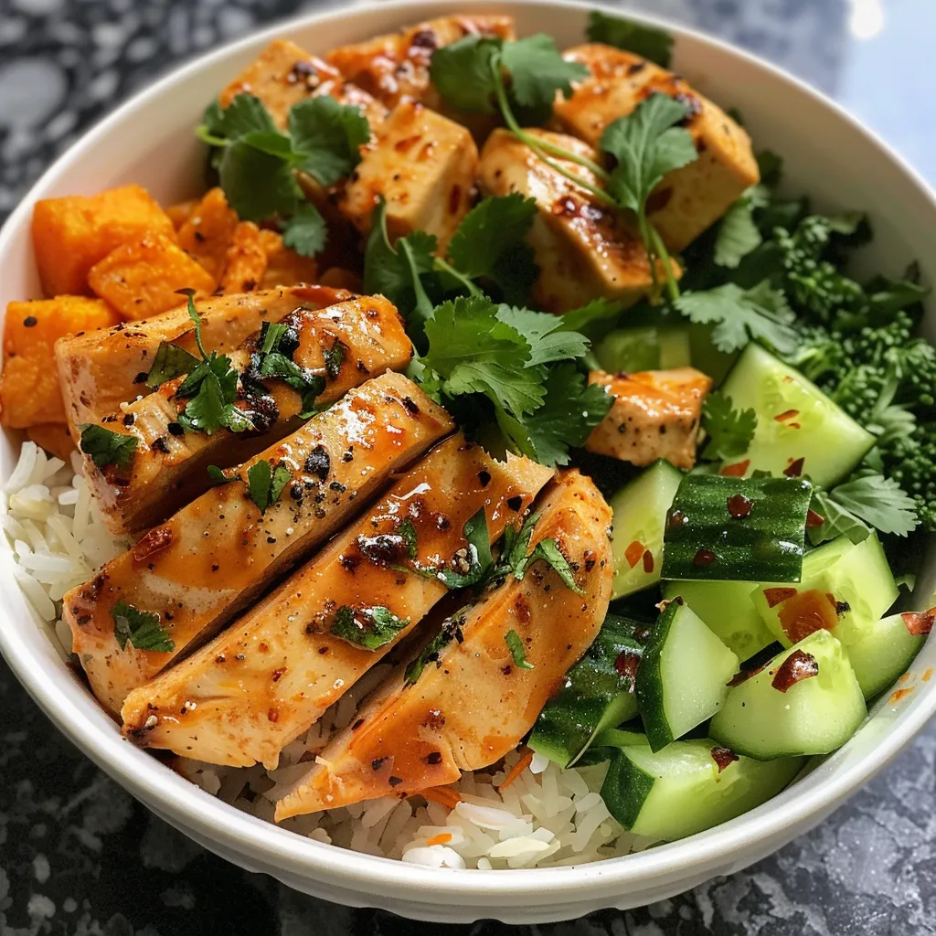 A bowl showcasing a delicious mix of chicken, sweet potatoes, and green vegetables, topped with yogurt.
