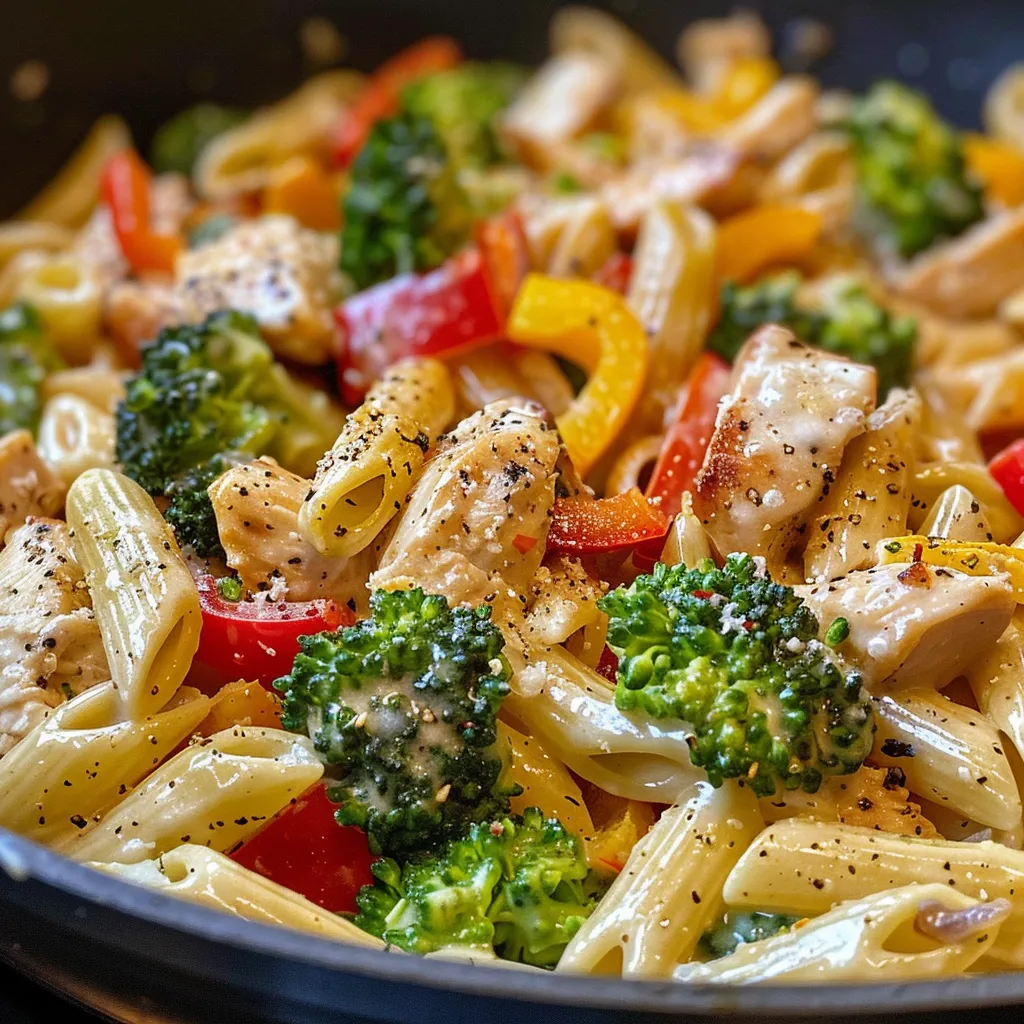 Detailed shot of Chicken and Vegetable Penne Alfredo, showcasing chicken, bell peppers, and sauce.
