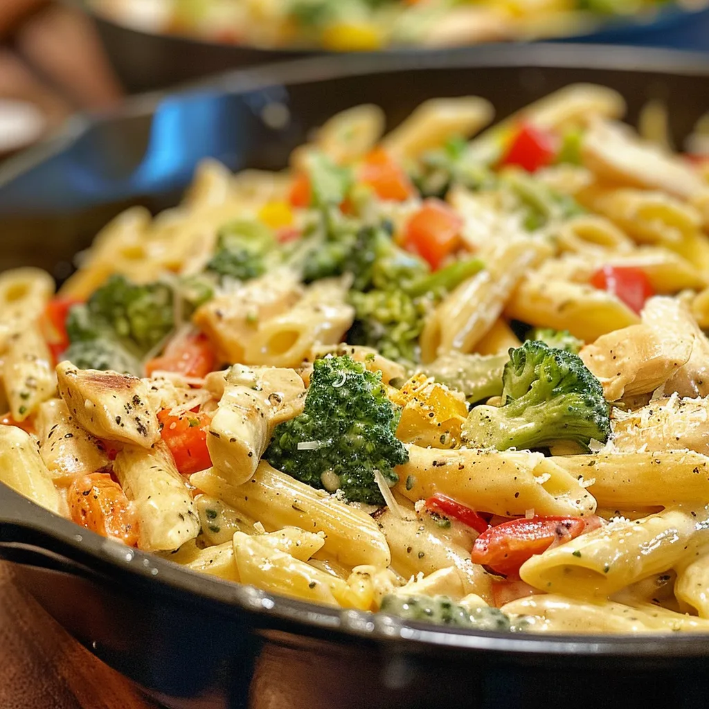 Juicy Chicken and Vegetable Penne Alfredo, emphasizing the Alfredo sauce and fresh ingredients.