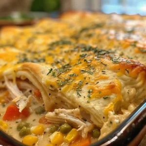 Juicy chicken crescent roll casserole displayed in a baking dish, showing its creamy filling.