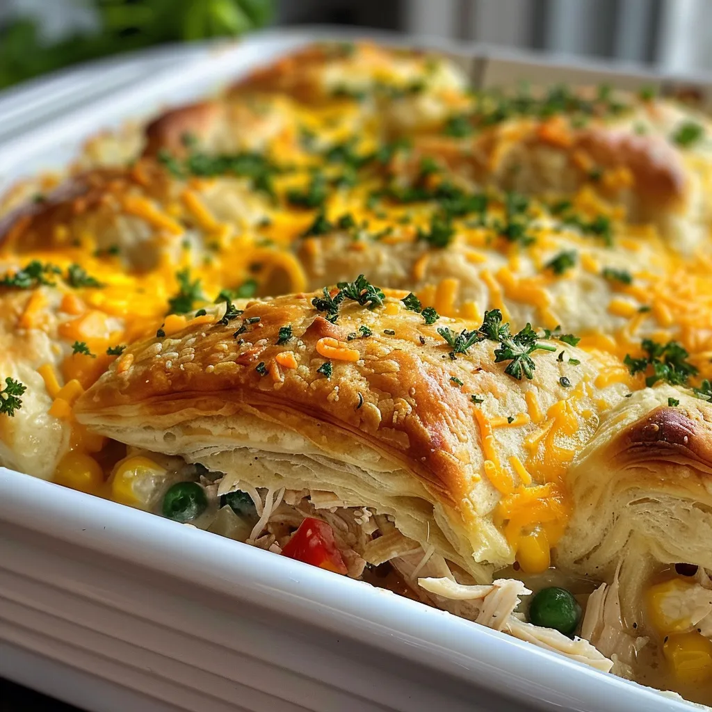 Appetizing shot of a chicken crescent roll casserole, highlighting the melted cheese and flaky dough.