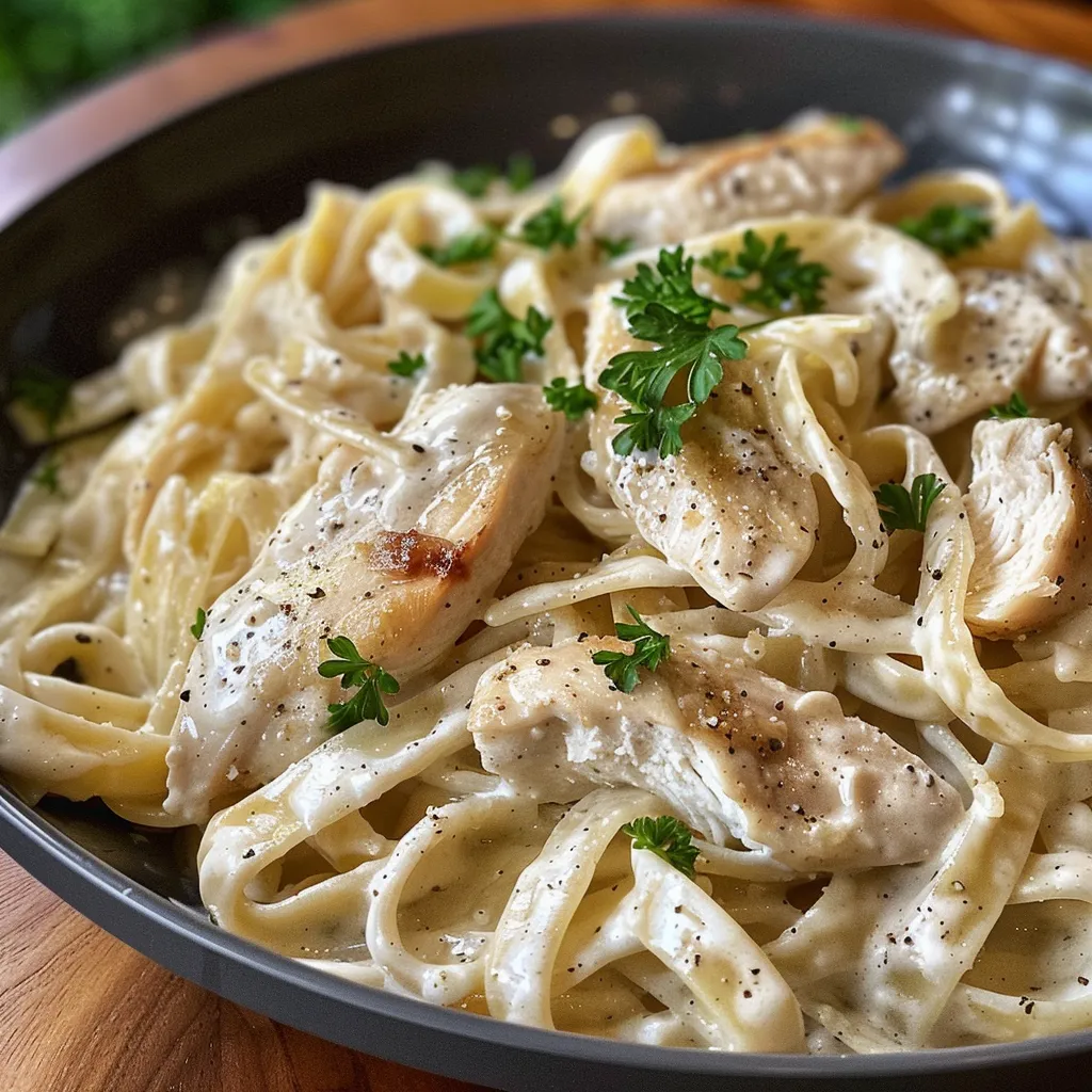A vibrant plate of Chicken Fettuccine Alfredo with golden chicken pieces and rich creamy pasta.