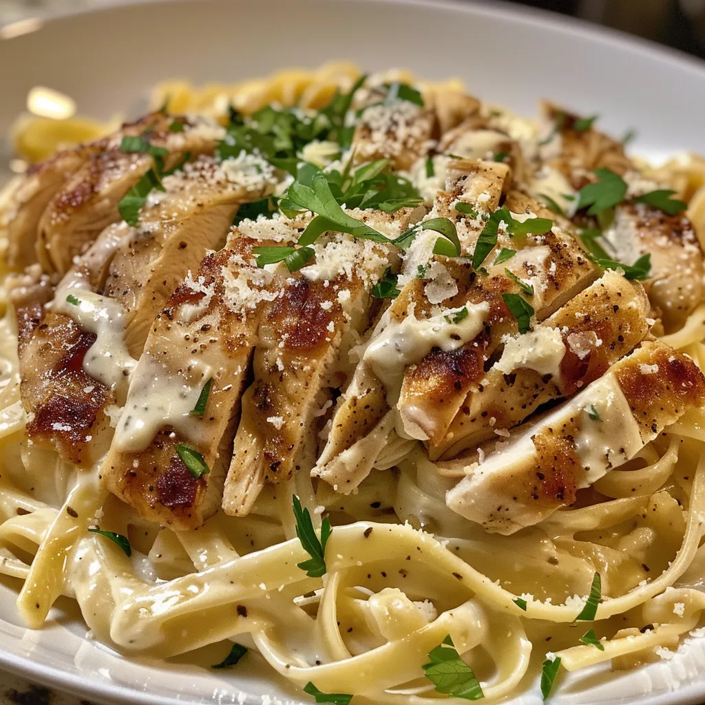 Close-up of Chicken Fettuccine Alfredo showcasing fettuccine pasta and melted cheese.