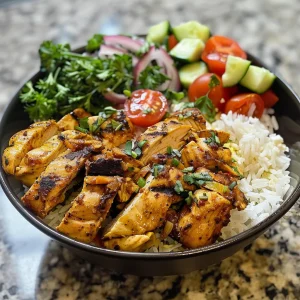 A delicious Chicken Shawarma Rice Bowl featuring tender chicken thighs, rice, and assorted vegetables, all garnished with yogurt and tahini.