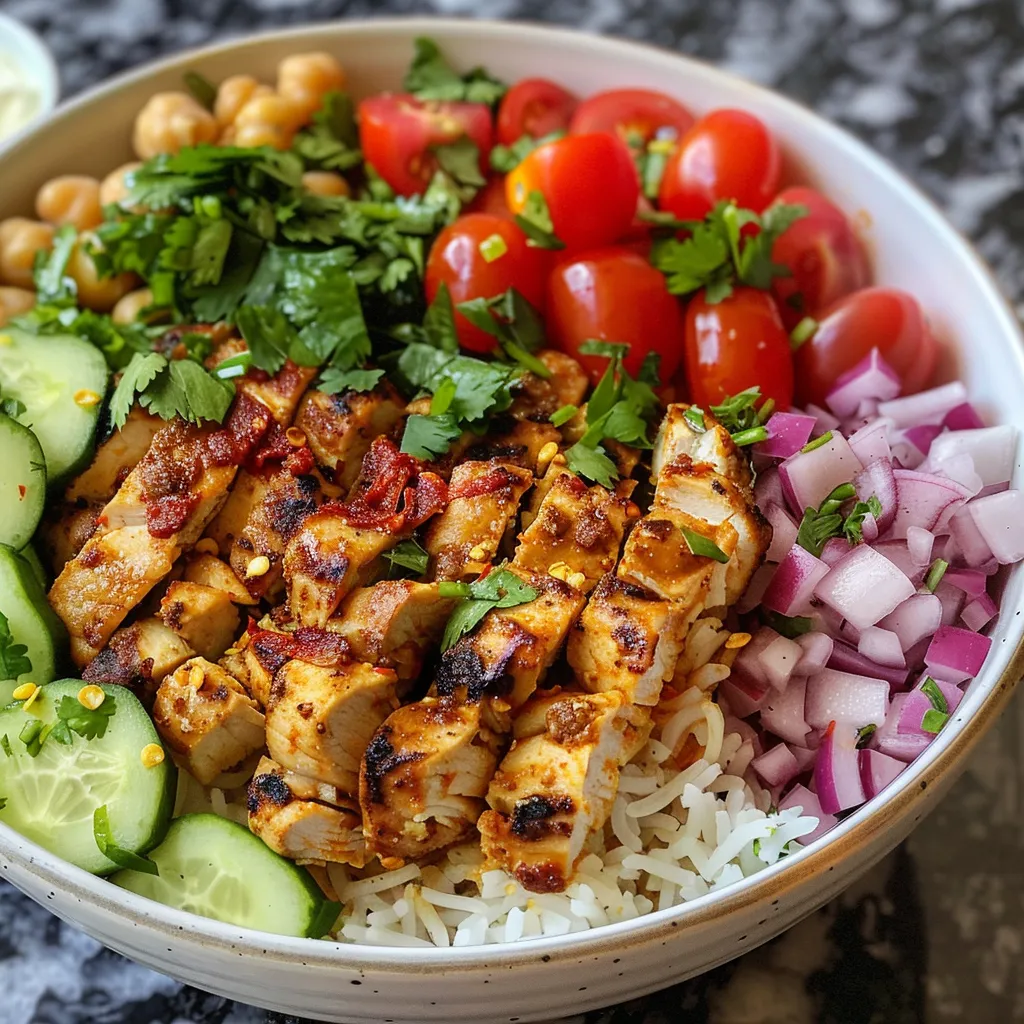 An appetizing shot of a Chicken Shawarma Rice Bowl, highlighting layers of rice, chicken, and fresh diced vegetables in a rustic bowl.