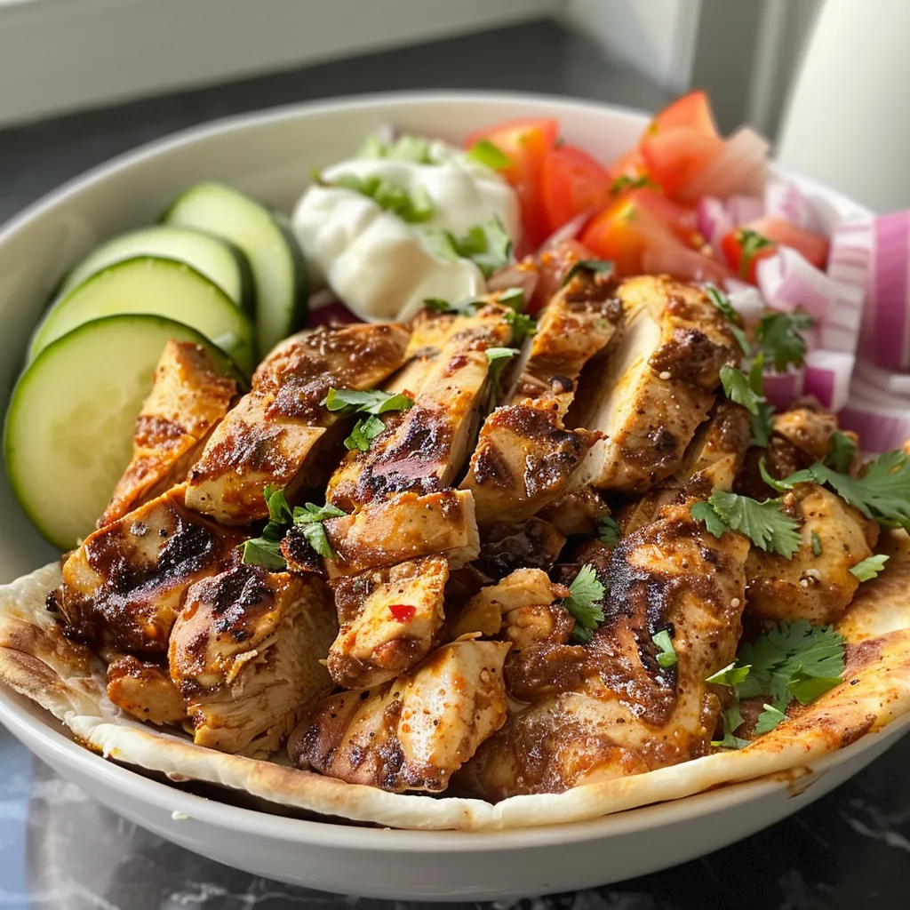 Delicious chicken shawarma on flatbread, garnished with parsley and accompanied by garlic sauce.