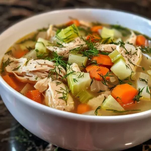 Detailed shot of homemade chicken soup with dill, highlighting tender chicken, carrots, and herbs.