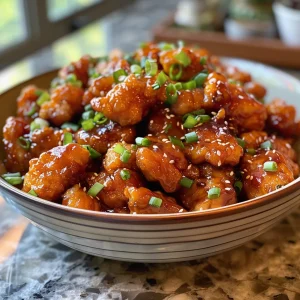 Side view of pieces of Honey Garlic Chicken on a white plate.
