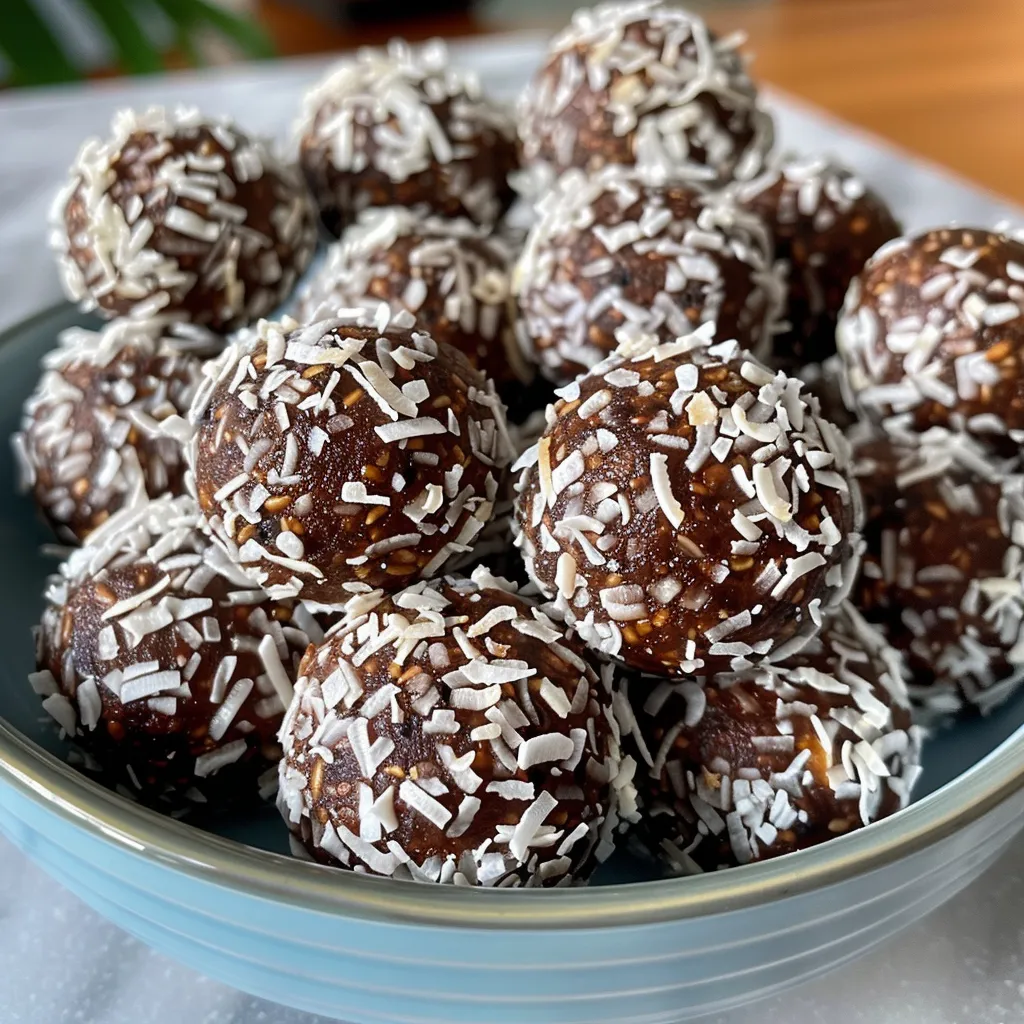 Textured chocolate coconut energy balls sprinkled with shredded coconut.