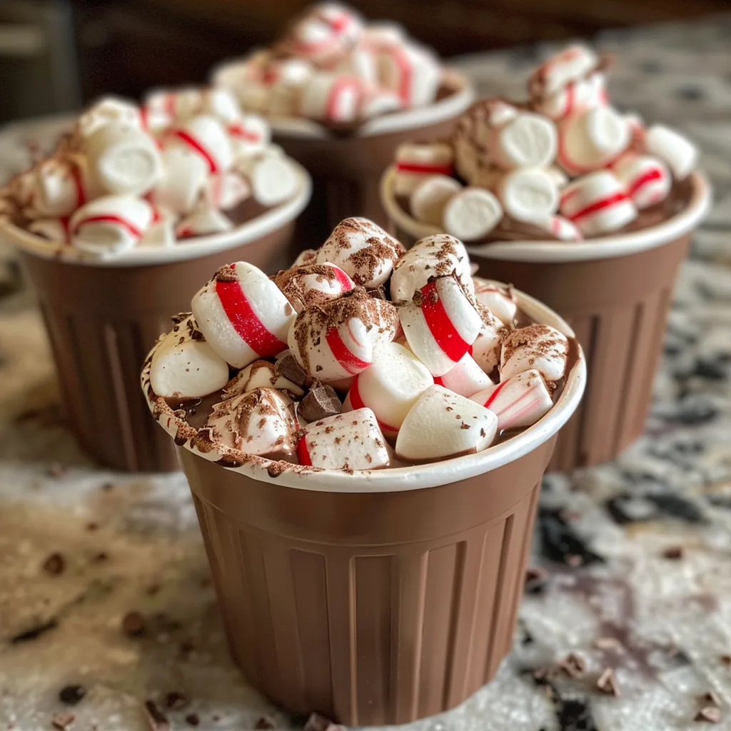 Detailed look at chocolate hot cups showcasing a mix of cocoa powder and mini marshmallows on top.