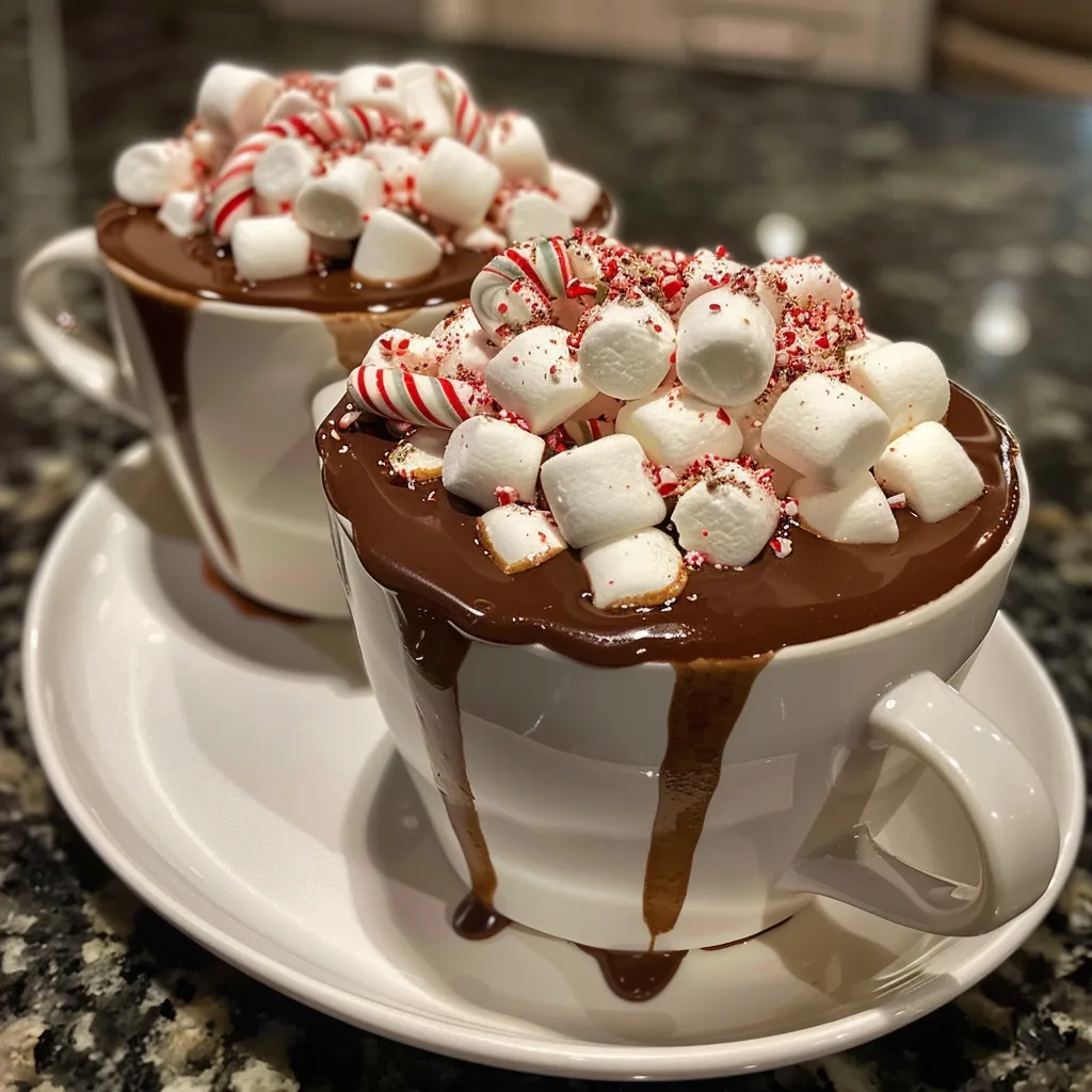 Delicious chocolate hot cups in disposable containers, decorated with colorful candy canes and fluffy marshmallows.