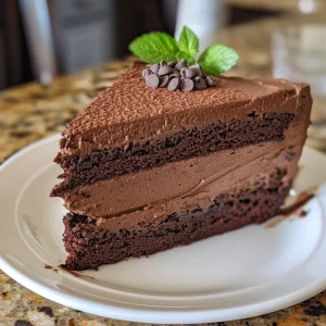 Side view of a chocolate cake showcasing its creamy mousse layers and shiny exterior.