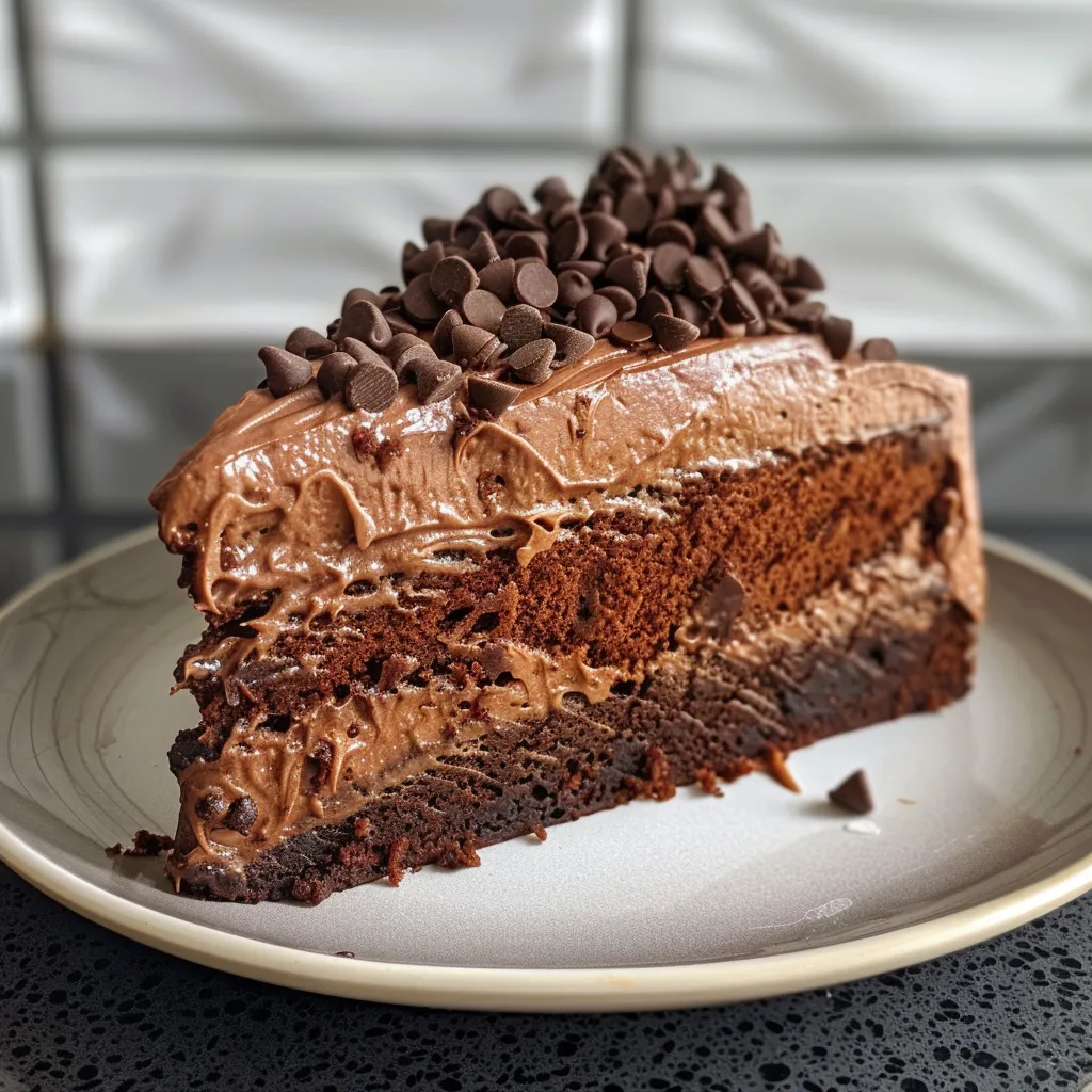 A tempting slice of chocolate mousse cake displayed with a velvety surface.