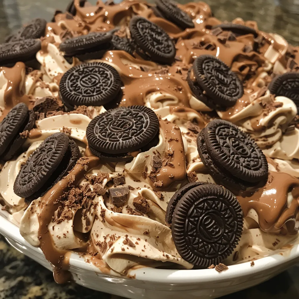 Side view of a decadent Chocolate Oreo Pudding Delight showcasing layers of ingredients and toppings.