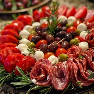 A detailed view of a Christmas Antipasto Wreath with various meats and cheeses artfully arranged.