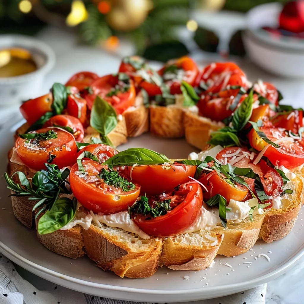 Juicy, colorful bruschetta arranged in a circular wreath shape, garnished with basil and tomatoes.