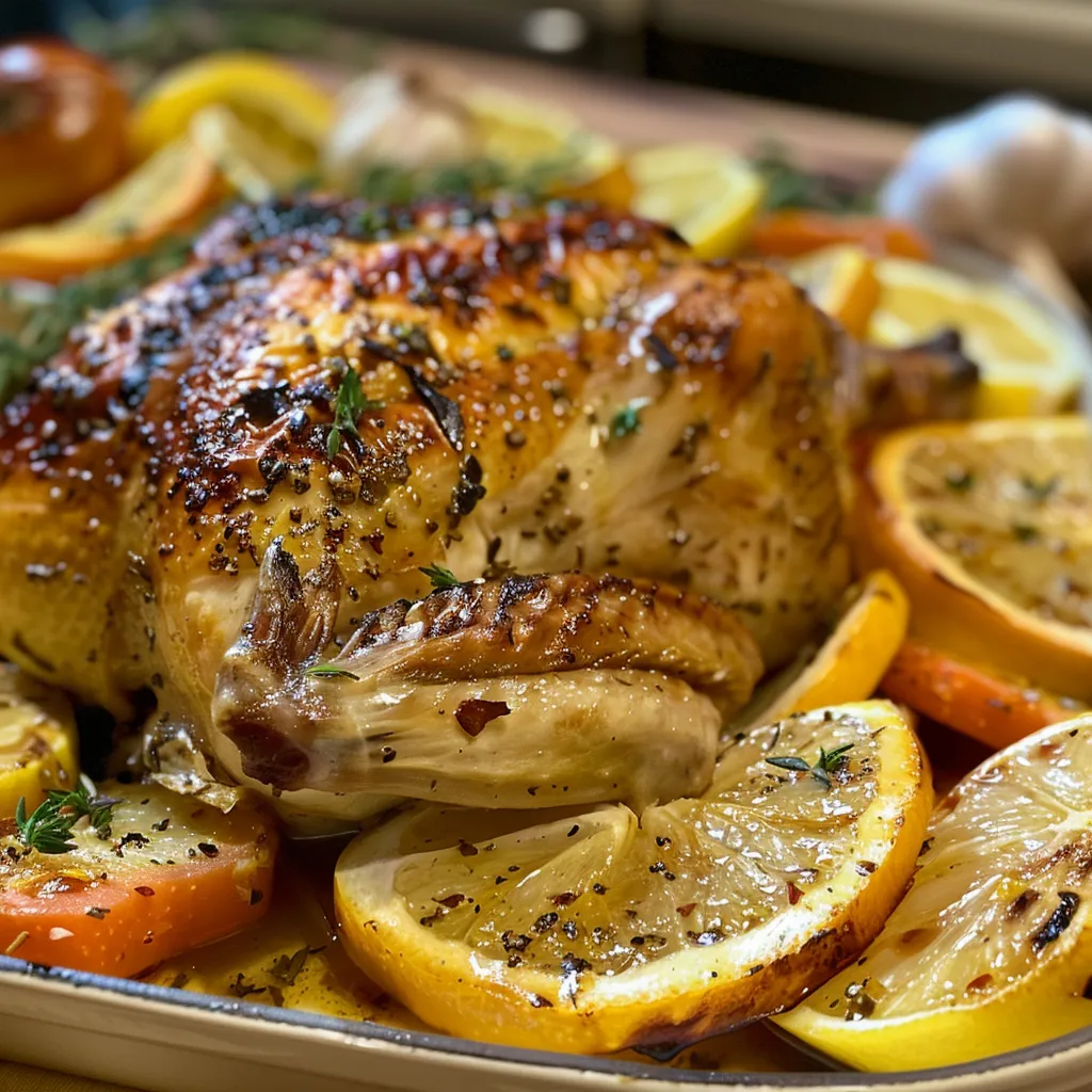 Side view of a golden-brown roast chicken with lemon and orange.