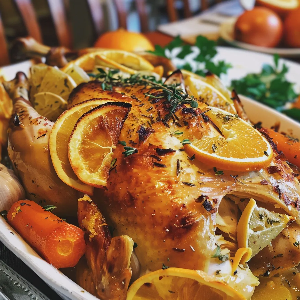 Whole roasted chicken surrounded by carrots and onions.