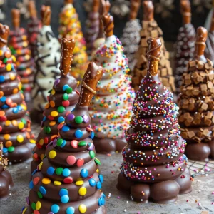Chocolate tree treats featuring a rich dark chocolate coating and white chocolate drizzle.