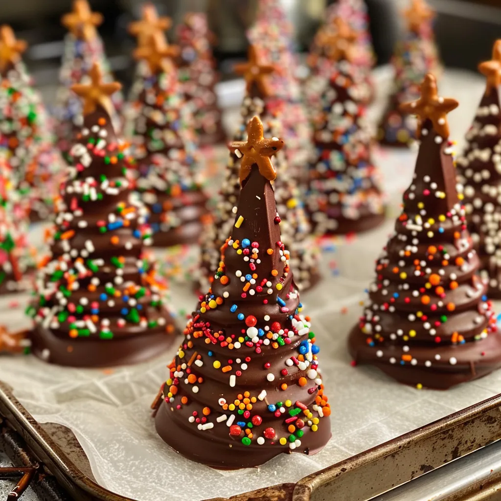 Side view of delicious Christmas trees made of chocolate with decorative toppings.