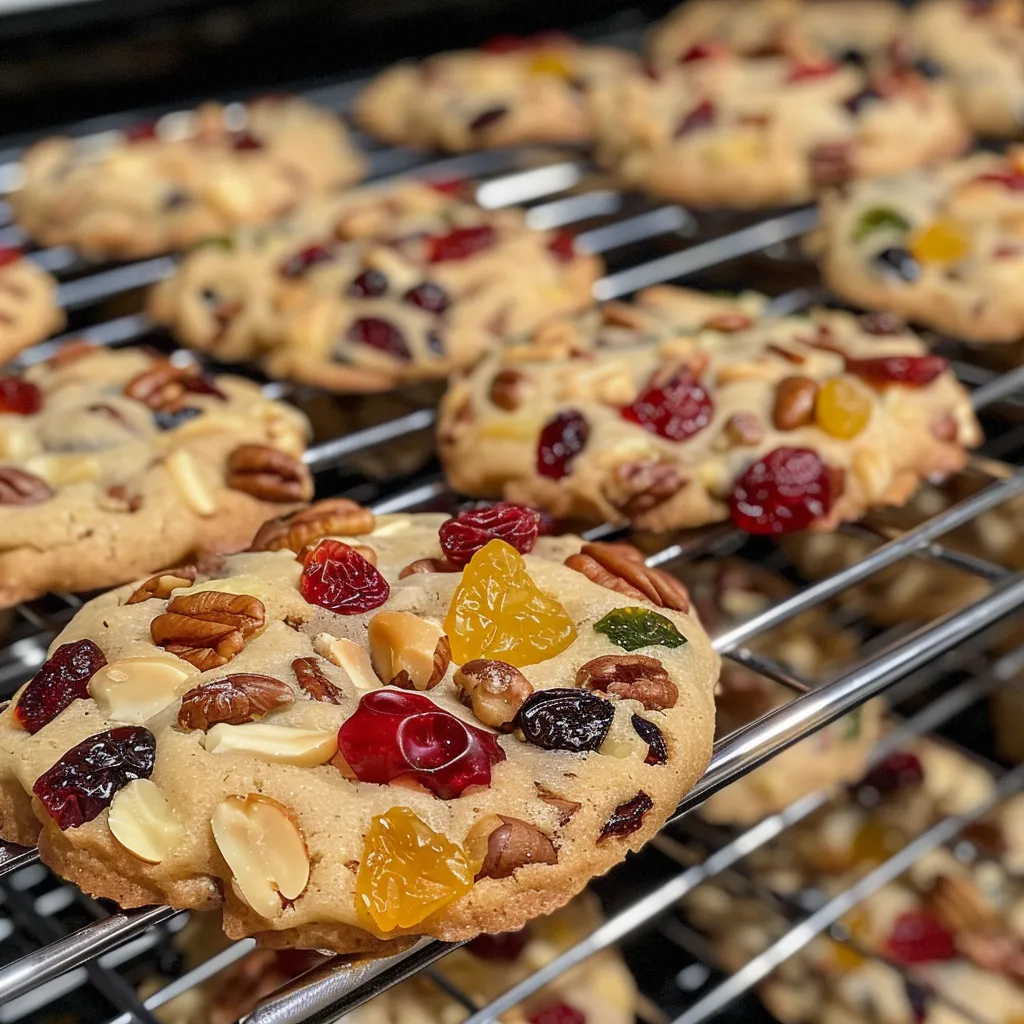 Juicy fruitcake cookies featuring a mix of colorful dried fruits and nuts.