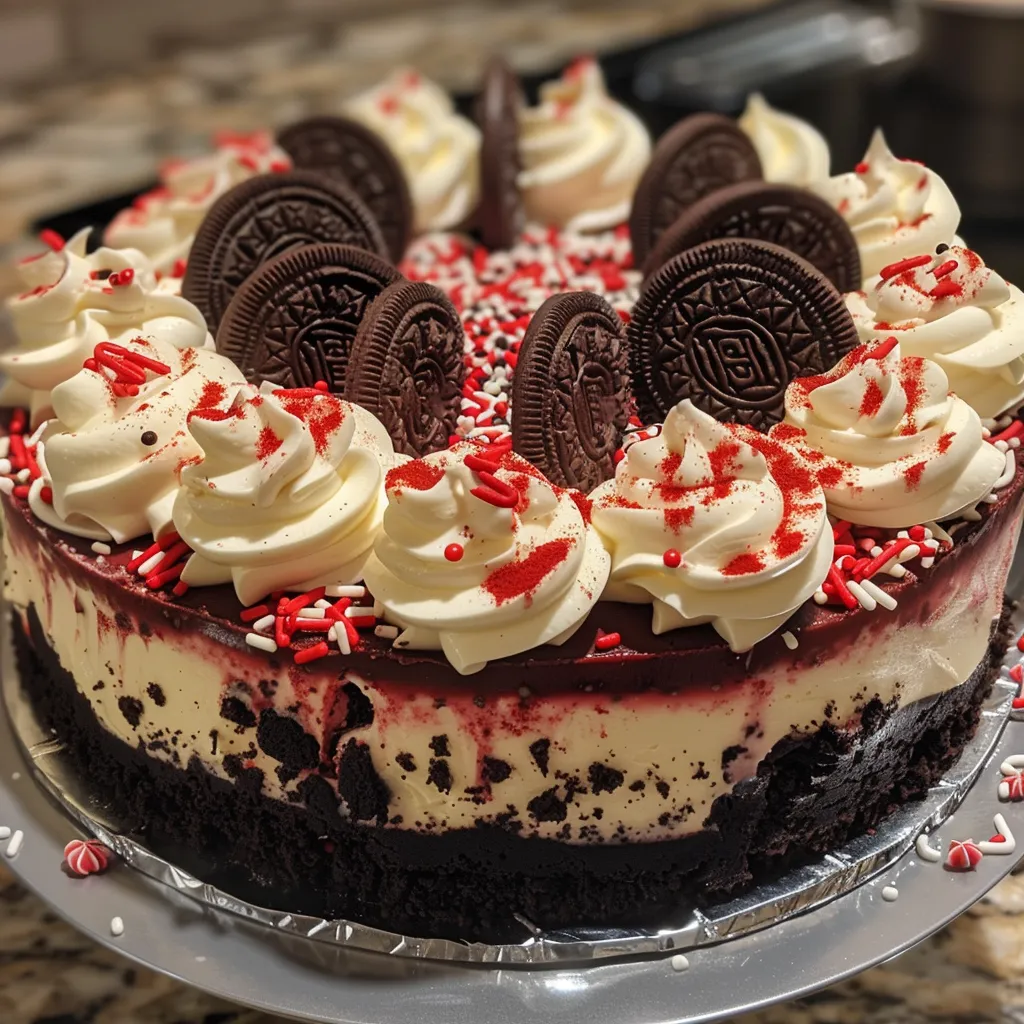 A detailed side shot of a decadent red velvet cheesecake featuring a rich red color and Oreo cookie crust.